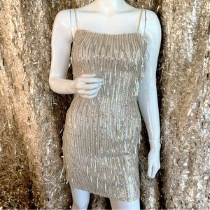 TRIXXI OPEN BACK SEQUIN FRINGE MINI DRESS. WOMEN’S SIZE SMALL